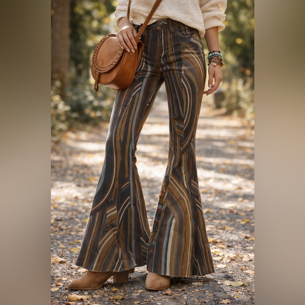 Free People Eve Printed Corduroy Flare Pants Boho Retro Striped Bell Bottoms 25